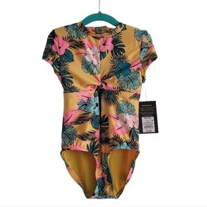 NEW Art Class Girls XS Yellow Floral One Piece Rash Guard Swim Suit 4/5
